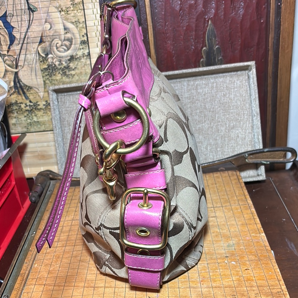 Coach Hobo Shoulder Bag Pink Leather Brown Monogram 12”Wx12”Hx5”W VGUC - Picture 11 of 17